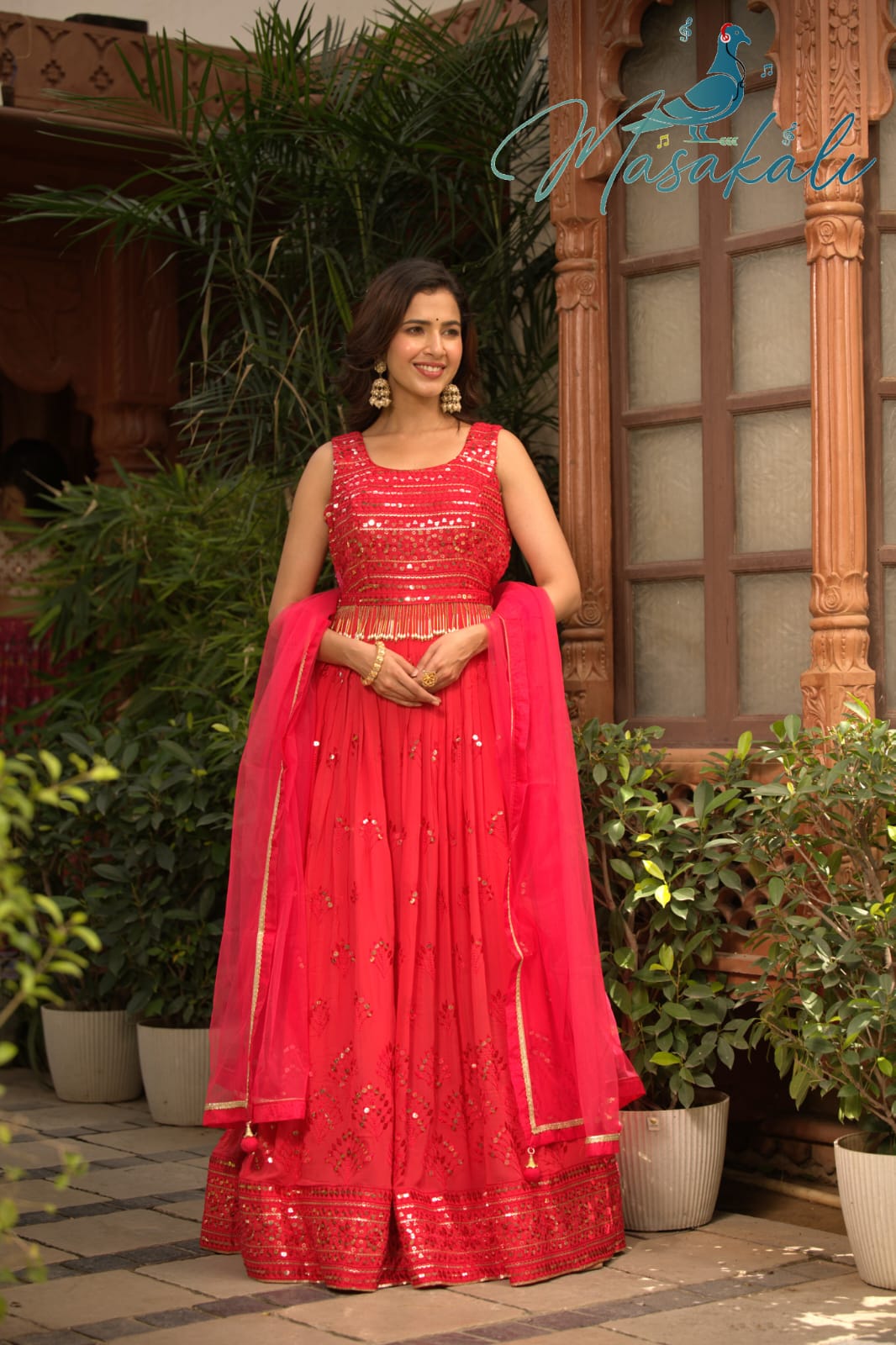 Gown : Red tapeta silk partywear gown with sequence work ...